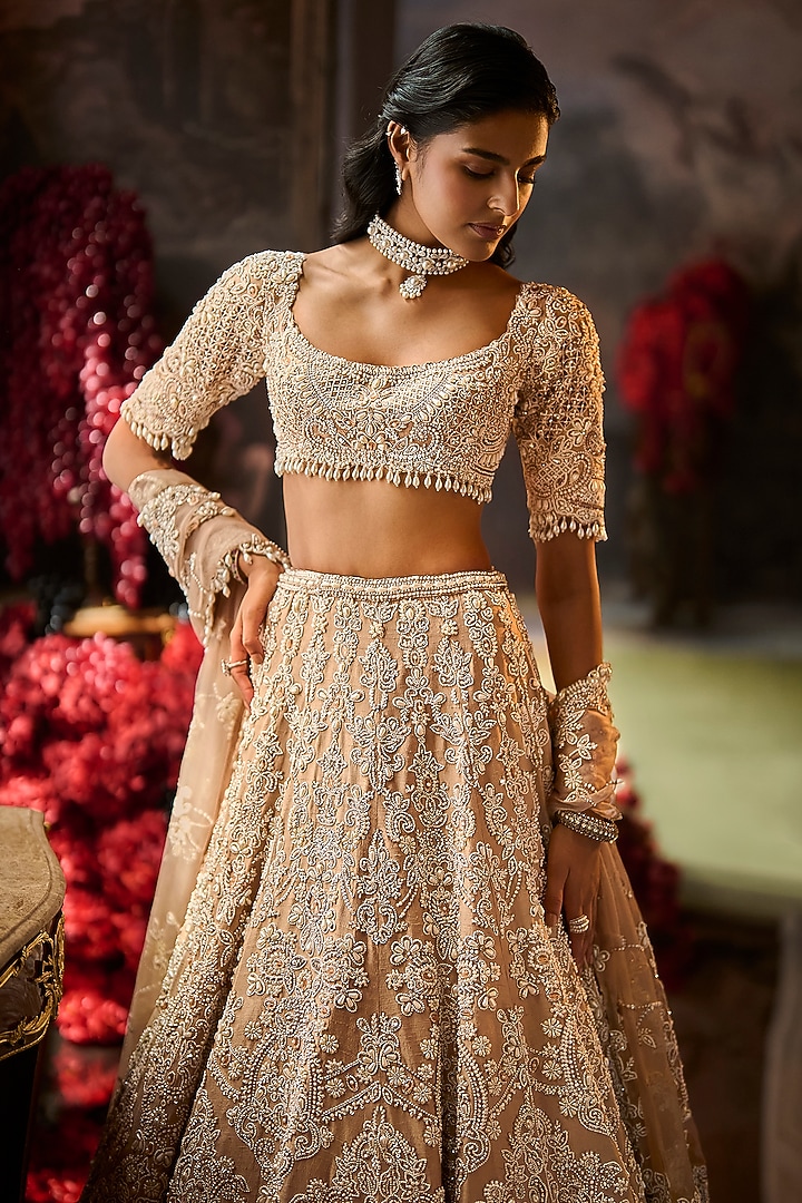 Nude Raw Silk Pearl Embroidered Bridal Lehenga Set by Seema Gujral at Pernia's Pop Up Shop