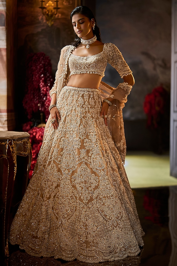 Nude Raw Silk Pearl Embroidered Bridal Lehenga Set by Seema Gujral at Pernia's Pop Up Shop