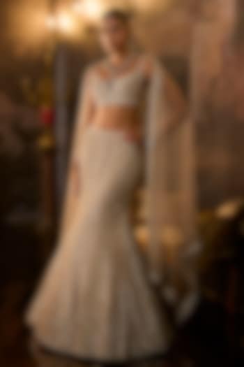 Champagne Net Bugle Beads Embroidered Bridal Lehenga Set by Seema Gujral at Pernia's Pop Up Shop