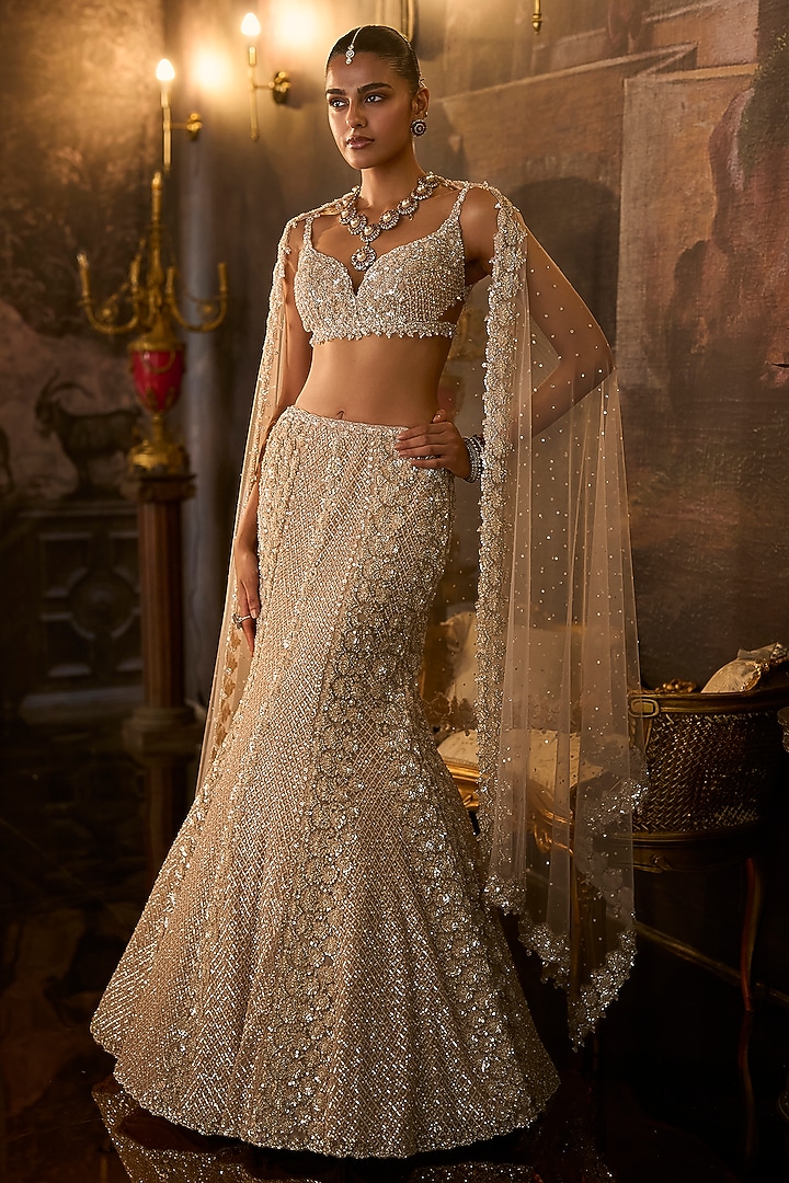 Champagne Net Bugle Beads Embroidered Bridal Lehenga Set by Seema Gujral at Pernia's Pop Up Shop