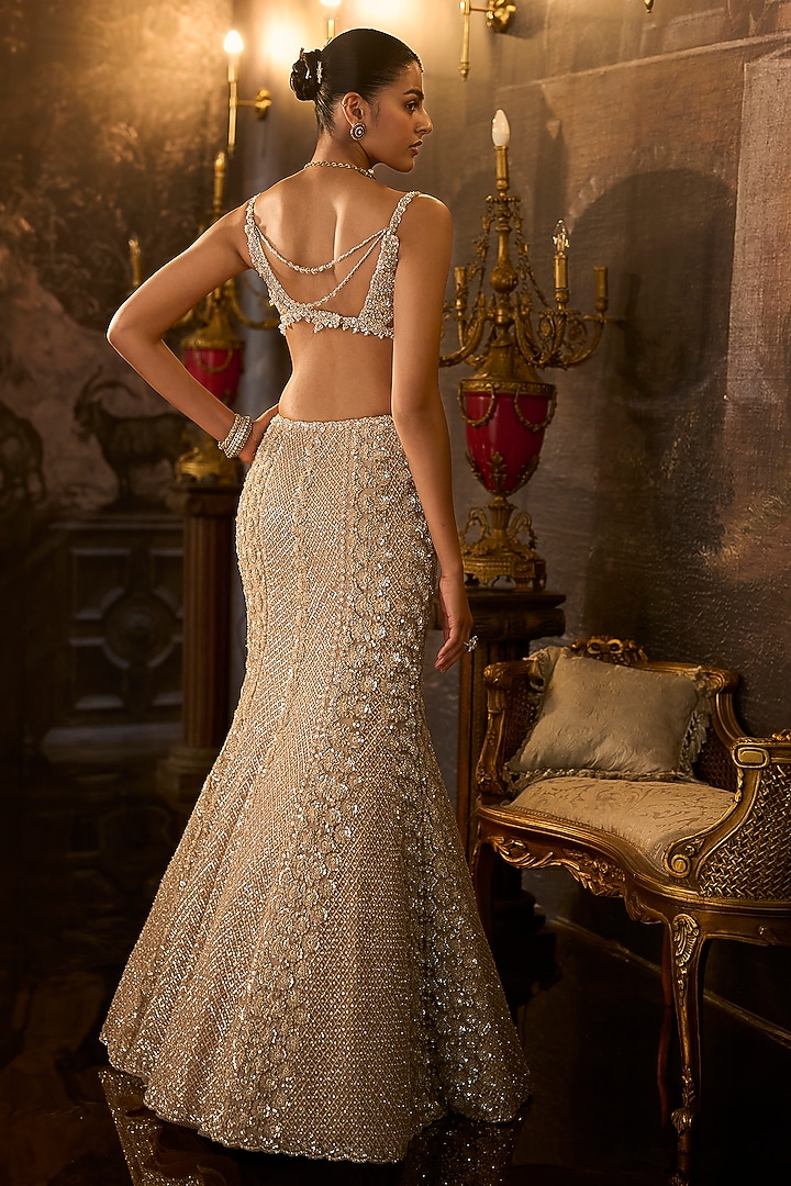 Champagne Net Bugle Beads Embroidered Bridal Lehenga Set by Seema Gujral at Pernia's Pop Up Shop