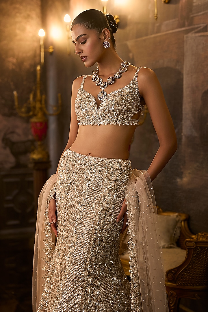 Champagne Net Bugle Beads Embroidered Bridal Lehenga Set by Seema Gujral at Pernia's Pop Up Shop