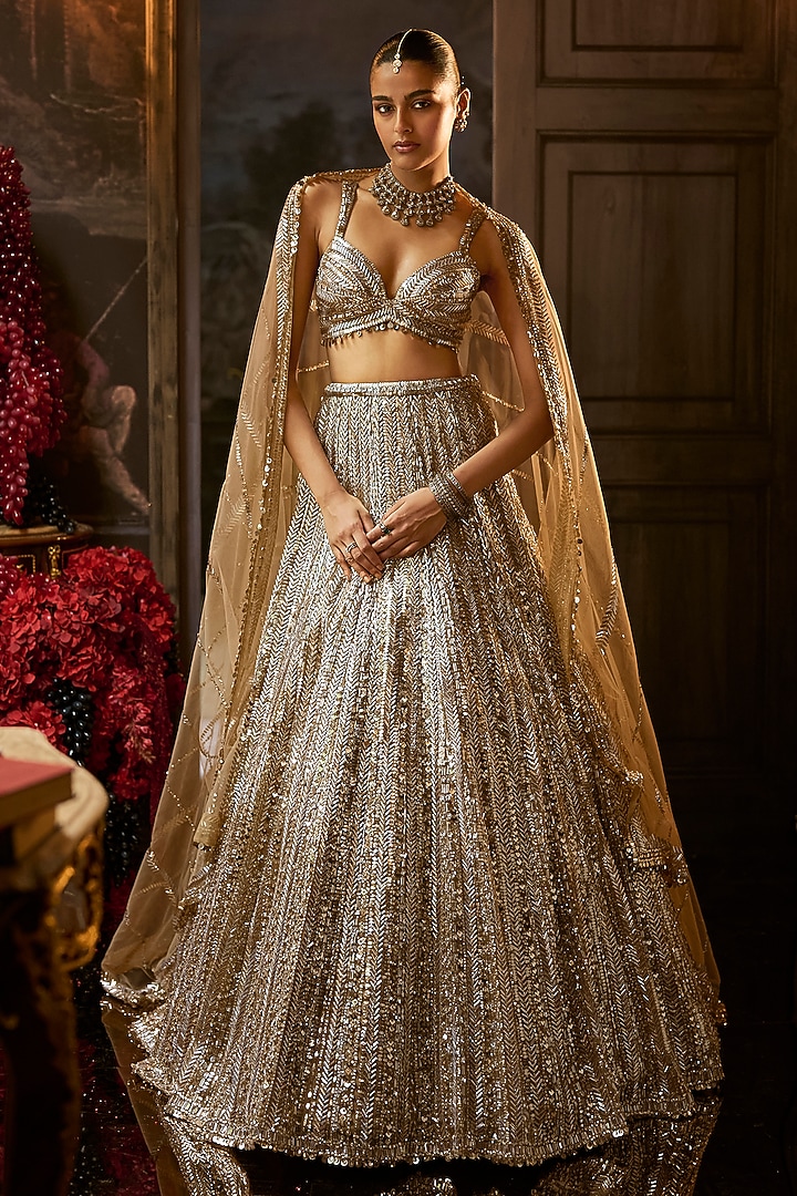 Gold & Silver Net Sequins Embroidered Bridal Lehenga Set by Seema Gujral at Pernia's Pop Up Shop