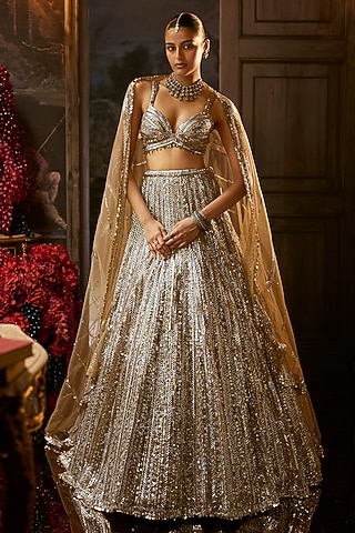 Gold & Silver Net Sequins Embroidered Lehenga Set by Seema Gujral