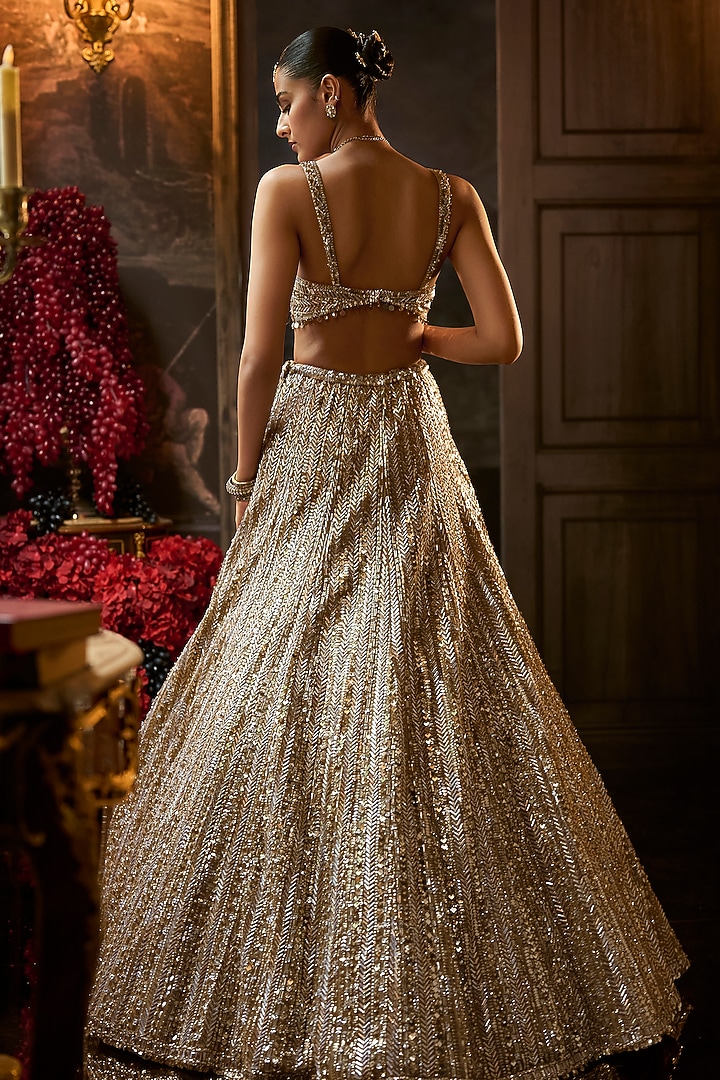 Gold & Silver Net Sequins Embroidered Bridal Lehenga Set by Seema Gujral at Pernia's Pop Up Shop