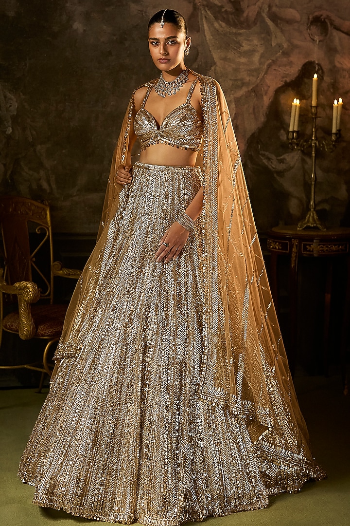 Gold & Silver Net Sequins Embroidered Bridal Lehenga Set by Seema Gujral at Pernia's Pop Up Shop
