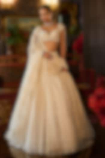 Ivory Net Sequins Embroidered Bridal Lehenga Set by Seema Gujral at Pernia's Pop Up Shop