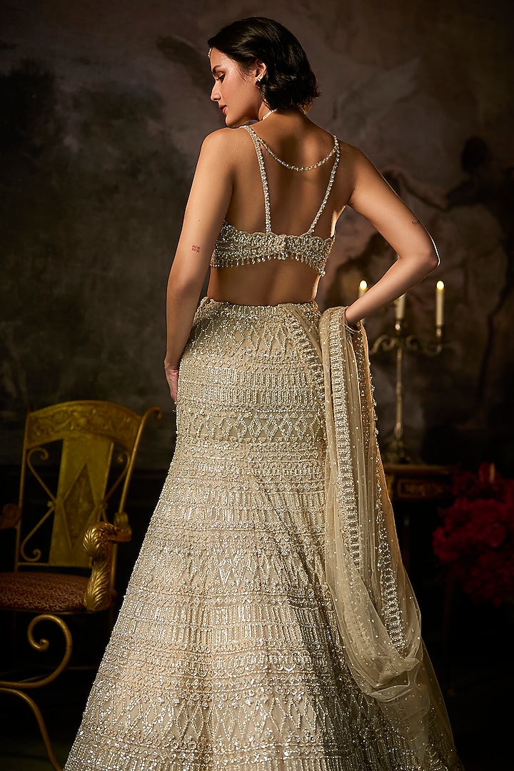 Champagne Net Sequins Embroidered Bridal Lehenga Set by Seema Gujral at Pernia's Pop Up Shop
