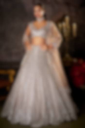 Dusty Mauve Net Sequins Embroidered Bridal Lehenga Set by Seema Gujral at Pernia's Pop Up Shop