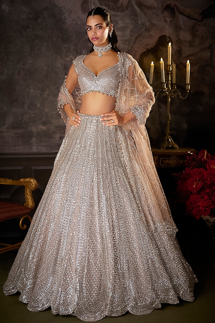 Dusty Mauve Net Sequins Embroidered Bridal Lehenga Set by Seema Gujral at Pernia's Pop Up Shop