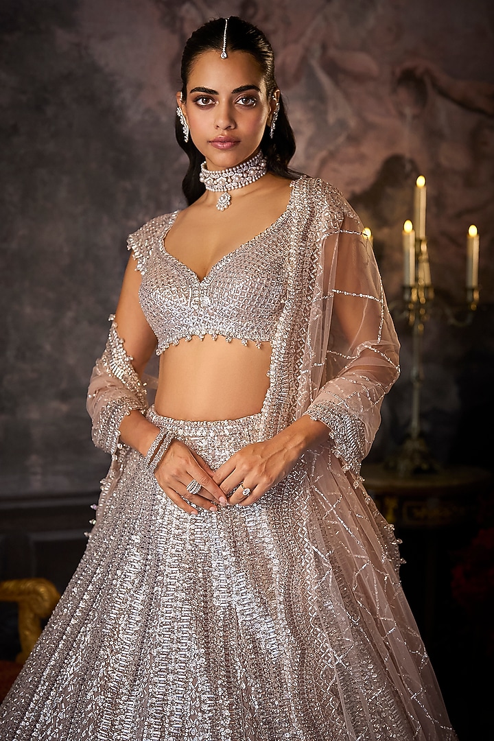 Dusty Mauve Net Sequins Embroidered Bridal Lehenga Set by Seema Gujral at Pernia's Pop Up Shop
