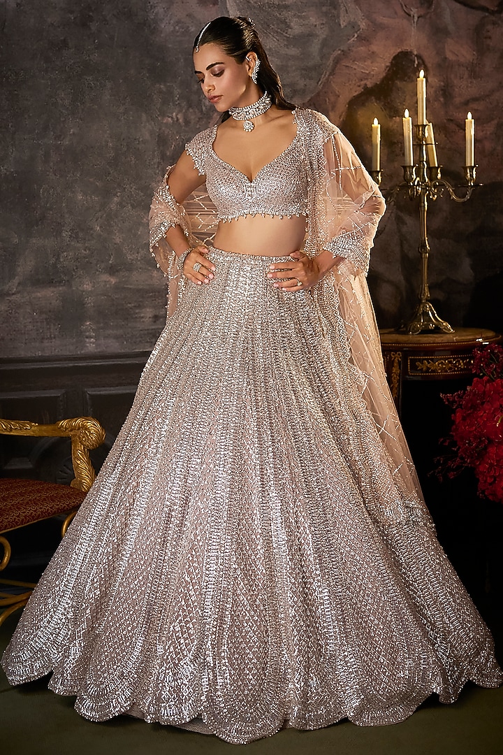 Dusty Mauve Net Sequins Embroidered Bridal Lehenga Set by Seema Gujral at Pernia's Pop Up Shop
