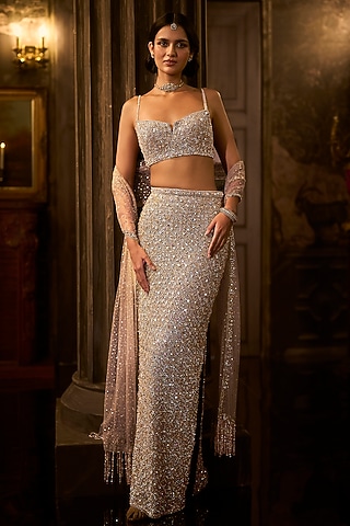 Silver Gold Net Sequins Embroidered Skirt Set by Seema Gujral
