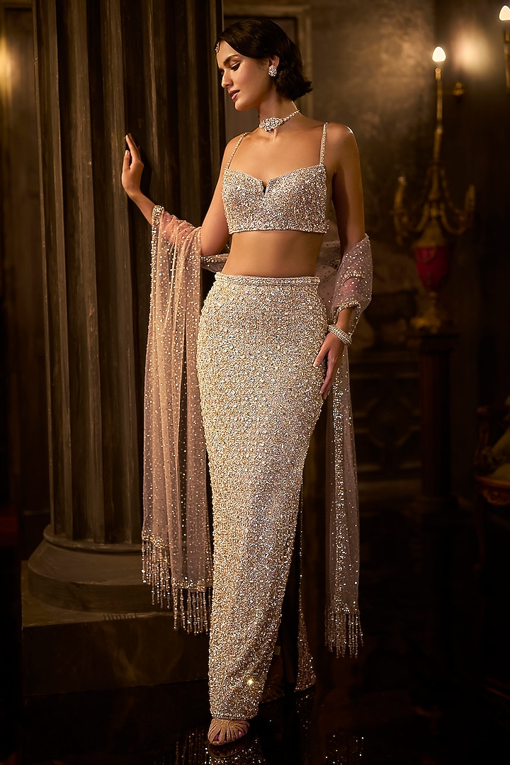Silver Gold Net Sequins Embroidered Skirt Set by Seema Gujral at Pernia's Pop Up Shop