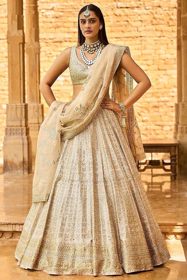 Ivory & Gold Embroidered Lehenga Set by Seema Gujral