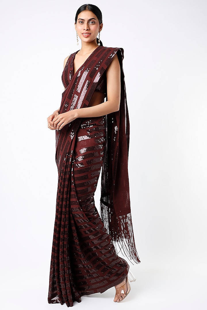 Metallic Maroon Embroidered Saree Set by Seema Gujral