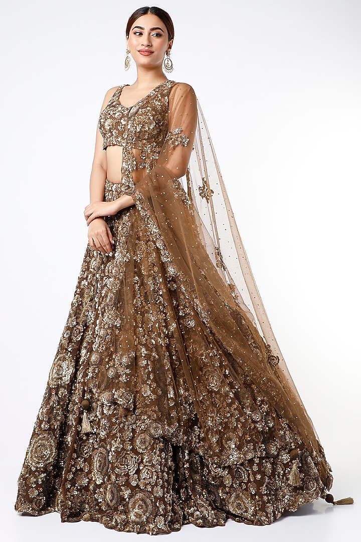 Antique Gold Sequins Embroidered Bridal Lehenga Set by Seema Gujral at Pernia's Pop Up Shop