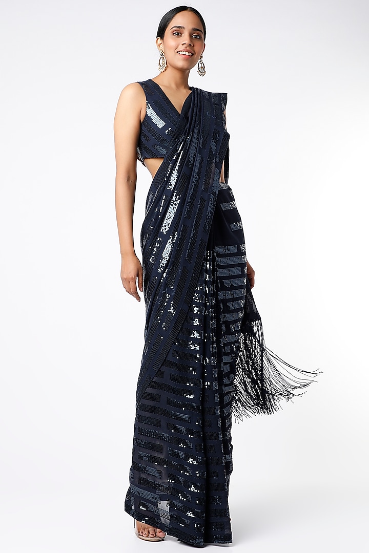 Metallic Navy Blue Sequins Embroidered Saree Set by Seema Gujral