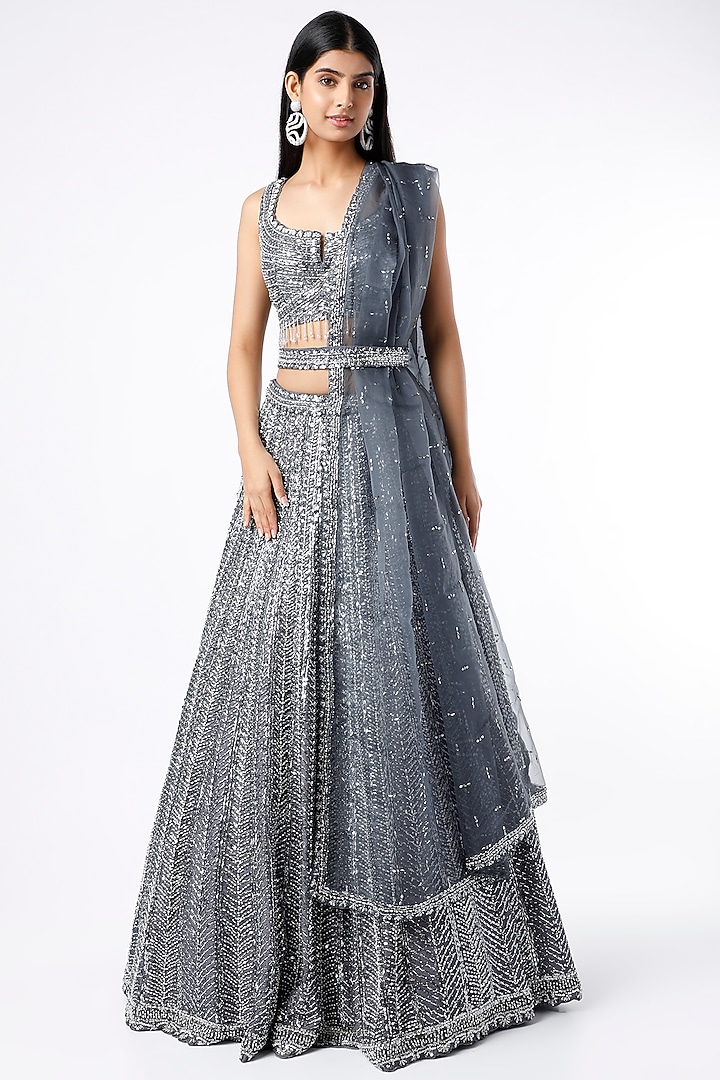 Grey Pearl Embroidered Bridal Lehenga Set by Seema Gujral at Pernia's Pop Up Shop
