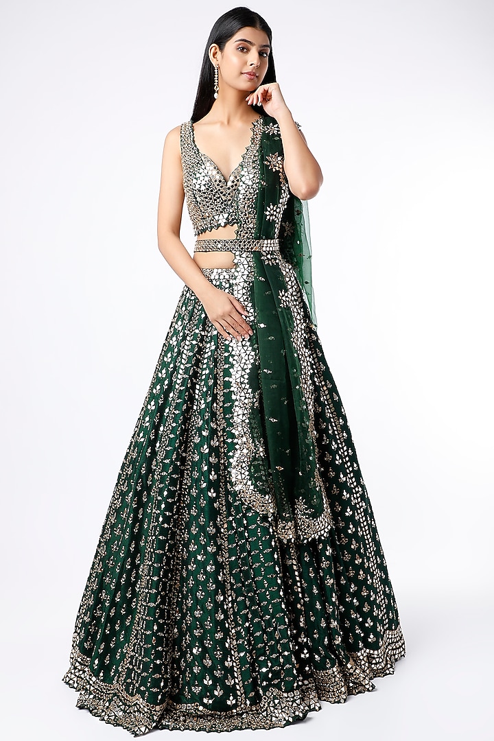 Bottle Green Embroidered Lehenga Set by Seema Gujral