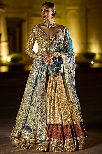 Antique Gold Embroidered Jacket Set by Seema Gujral at Pernia's Pop Up Shop