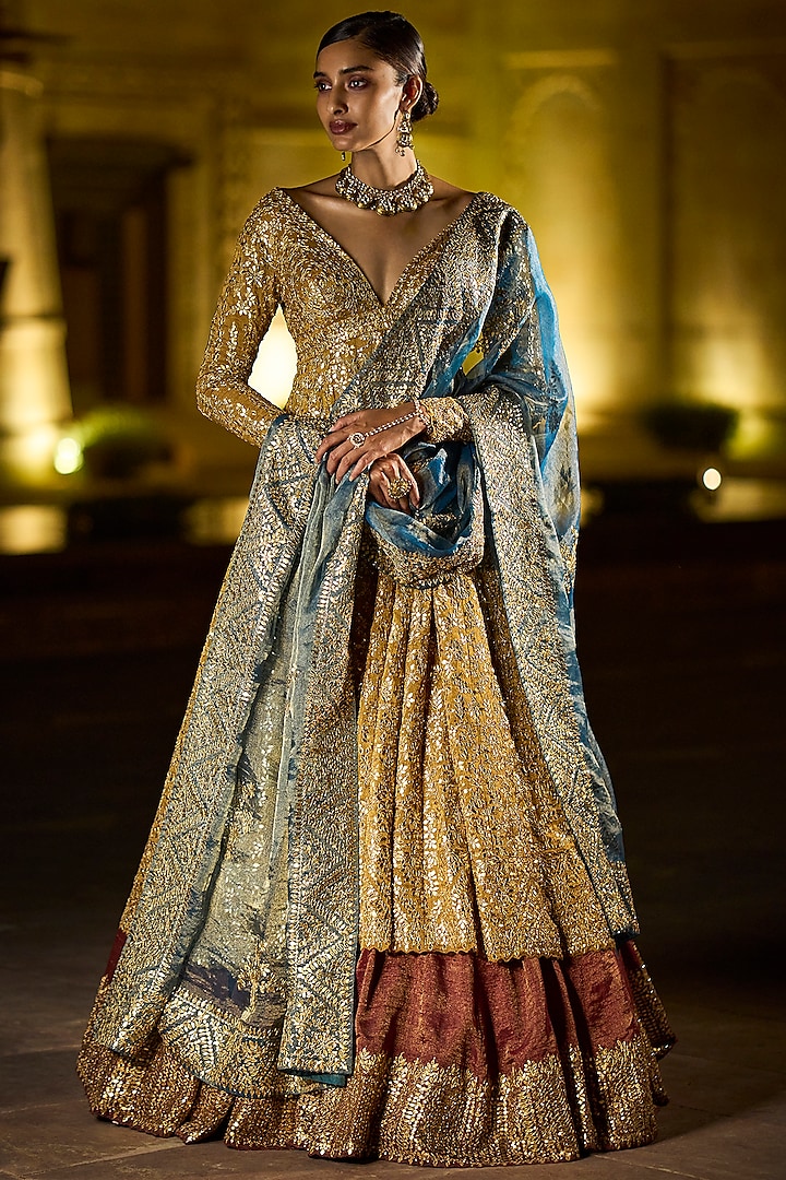 Antique Gold Embroidered Jacket Set by Seema Gujral