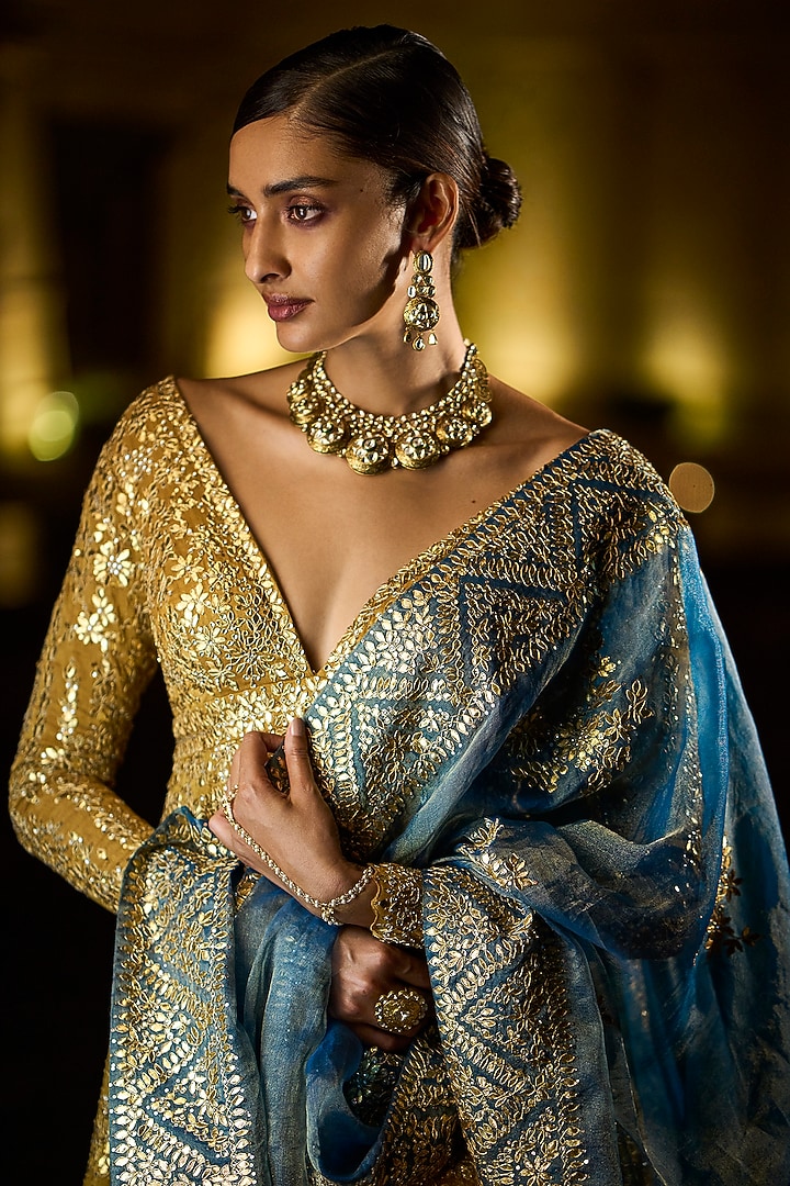 Antique Gold Embroidered Jacket Set by Seema Gujral at Pernia's Pop Up Shop