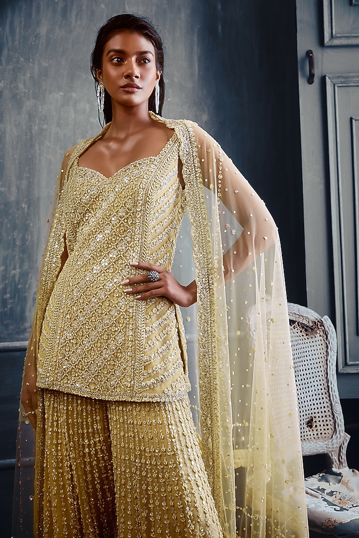 Olive Green Net Crystal Embroidered Gharara Set by Seema Gujral at Pernia's Pop Up Shop