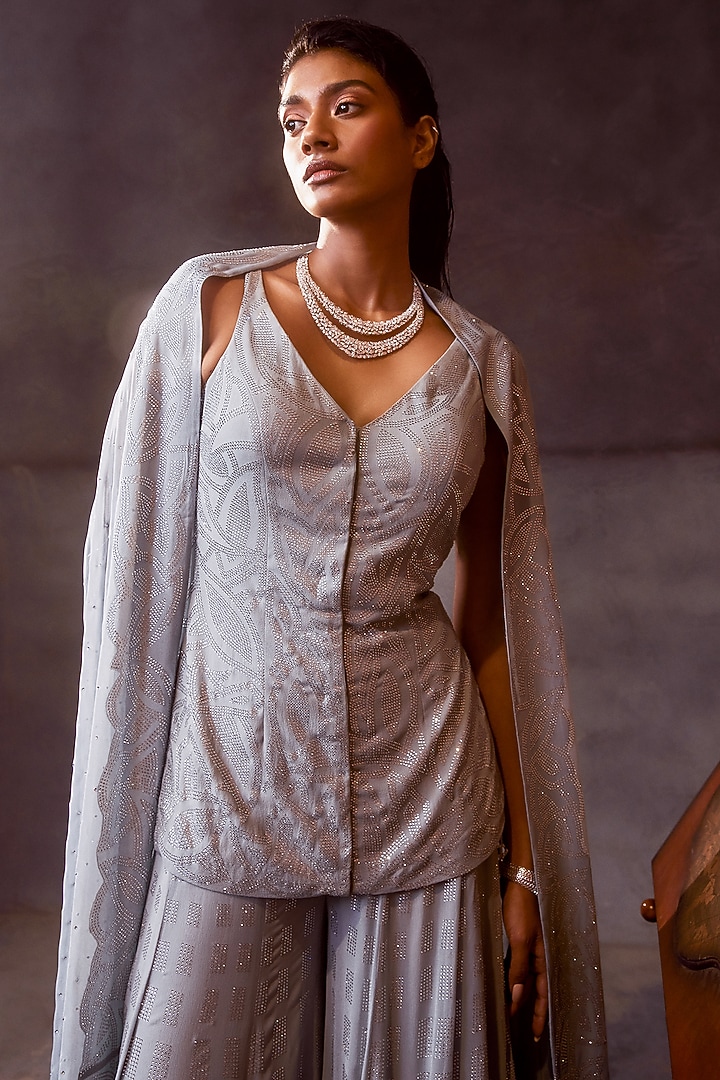 Powder Blue Georgette Crystal Embroidered Bridal Sharara Set by Seema Gujral at Pernia's Pop Up Shop