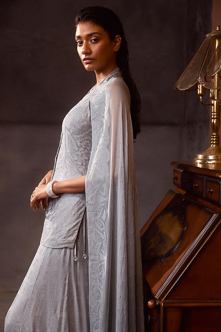 Powder Blue Georgette Crystal Embroidered Bridal Sharara Set by Seema Gujral at Pernia's Pop Up Shop