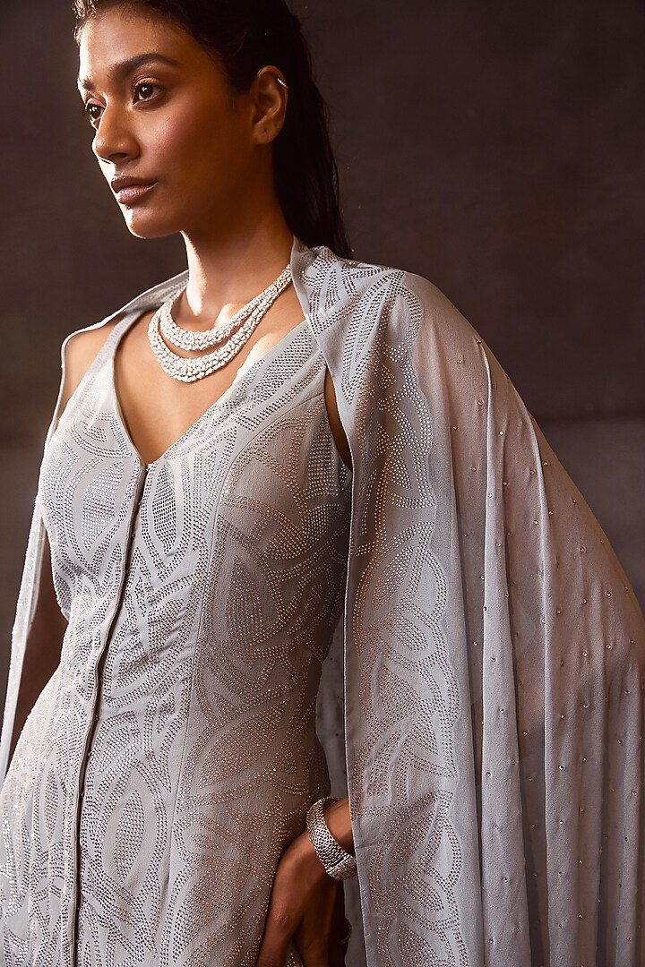 Powder Blue Georgette Crystal Embroidered Bridal Sharara Set by Seema Gujral at Pernia's Pop Up Shop