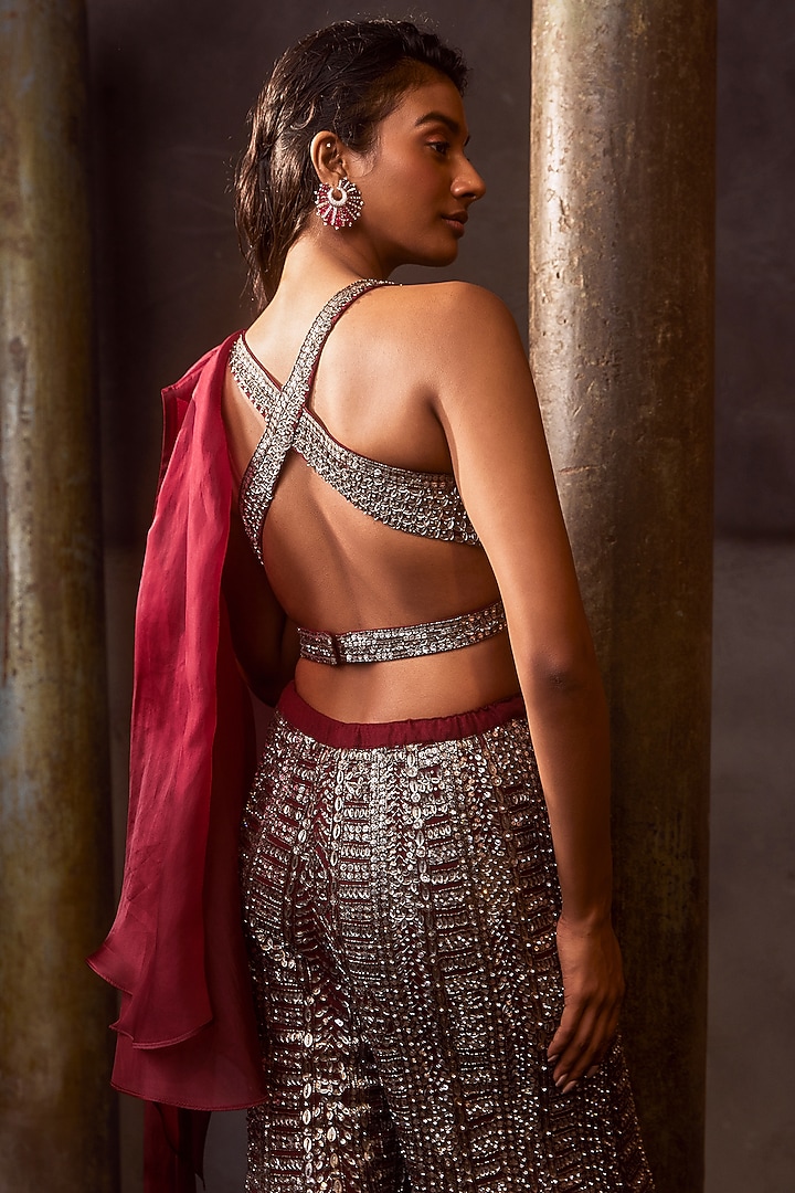 Dark Maroon Net Gunmetal Embroidered Bridal Sharara Set by Seema Gujral at Pernia's Pop Up Shop