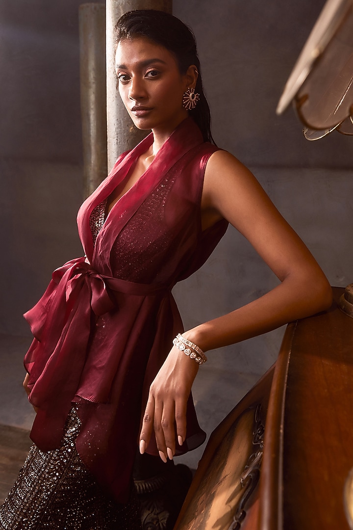Dark Maroon Net Gunmetal Embroidered Bridal Sharara Set by Seema Gujral at Pernia's Pop Up Shop