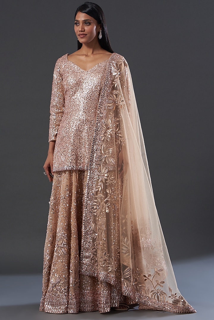 Rose Gold Embroidered Lehenga Set Design by Seema Gujral at Pernia's
