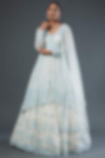 Ivory & Blue Net Sequins Embroidered Jacket Bridal Lehenga Set by Seema Gujral at Pernia's Pop Up Shop