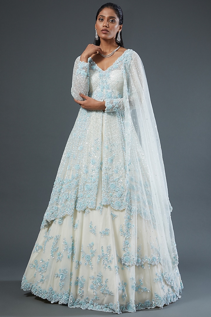 Ivory & Blue Net Sequins Embroidered Jacket Bridal Lehenga Set by Seema Gujral at Pernia's Pop Up Shop