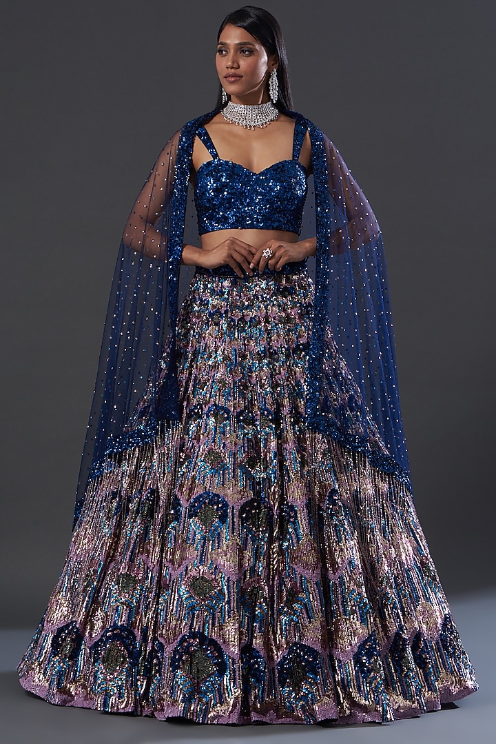 Navy Blue Raw Silk Floral Sequin Embroidered Bridal Lehenga Set
 by Seema Gujral at Pernia's Pop Up Shop