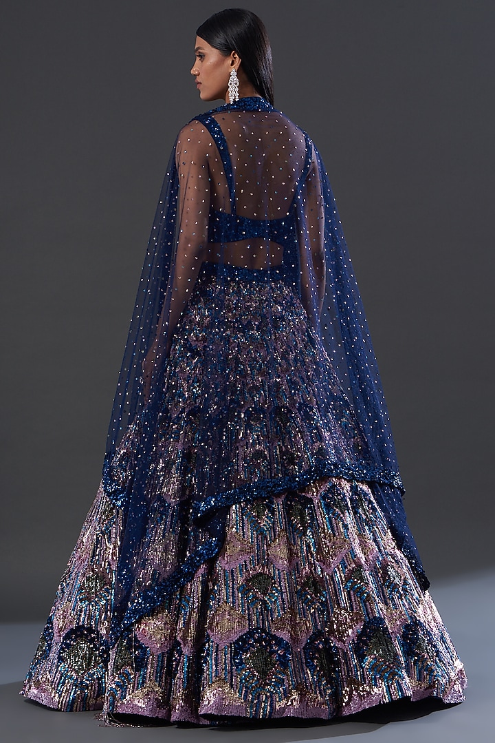 Navy Blue Raw Silk Floral Sequin Embroidered Bridal Lehenga Set
 by Seema Gujral at Pernia's Pop Up Shop