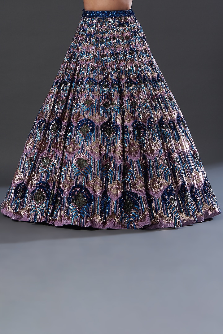 Navy Blue Raw Silk Floral Sequin Embroidered Bridal Lehenga Set
 by Seema Gujral at Pernia's Pop Up Shop