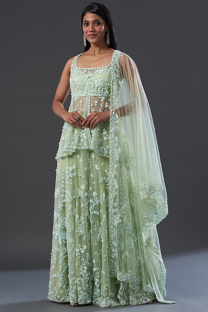 Green Georgette Embroidered Bridal Sharara Set by Seema Gujral at Pernia's Pop Up Shop