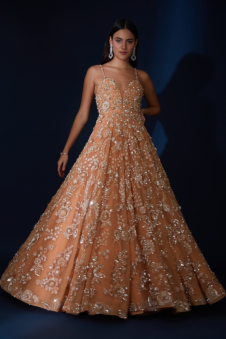 Coral Orange Net Floral Embroidered Gown by Seema Gujral at Pernia's Pop Up Shop