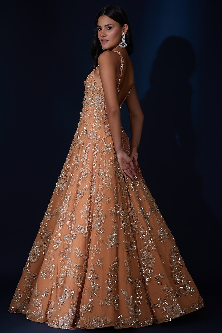 Coral Orange Net Floral Embroidered Bridal Gown by Seema Gujral at Pernia's Pop Up Shop