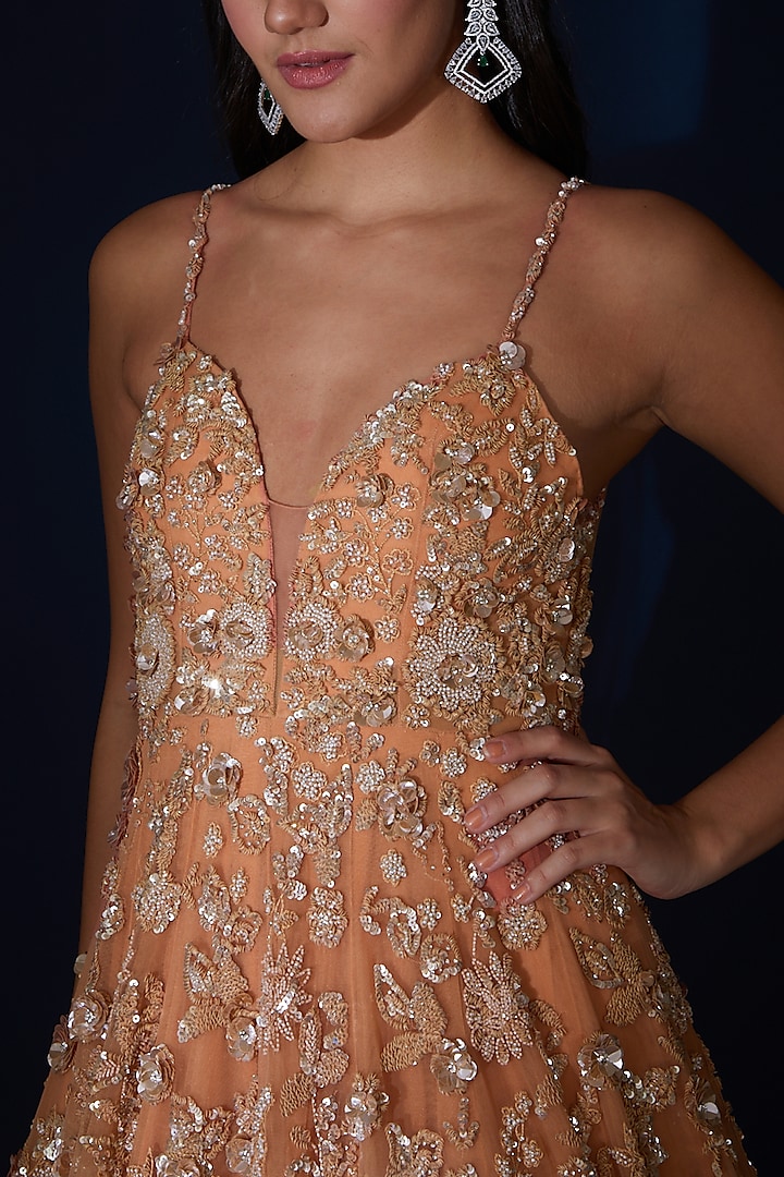 Coral Orange Net Floral Embroidered Bridal Gown by Seema Gujral at Pernia's Pop Up Shop
