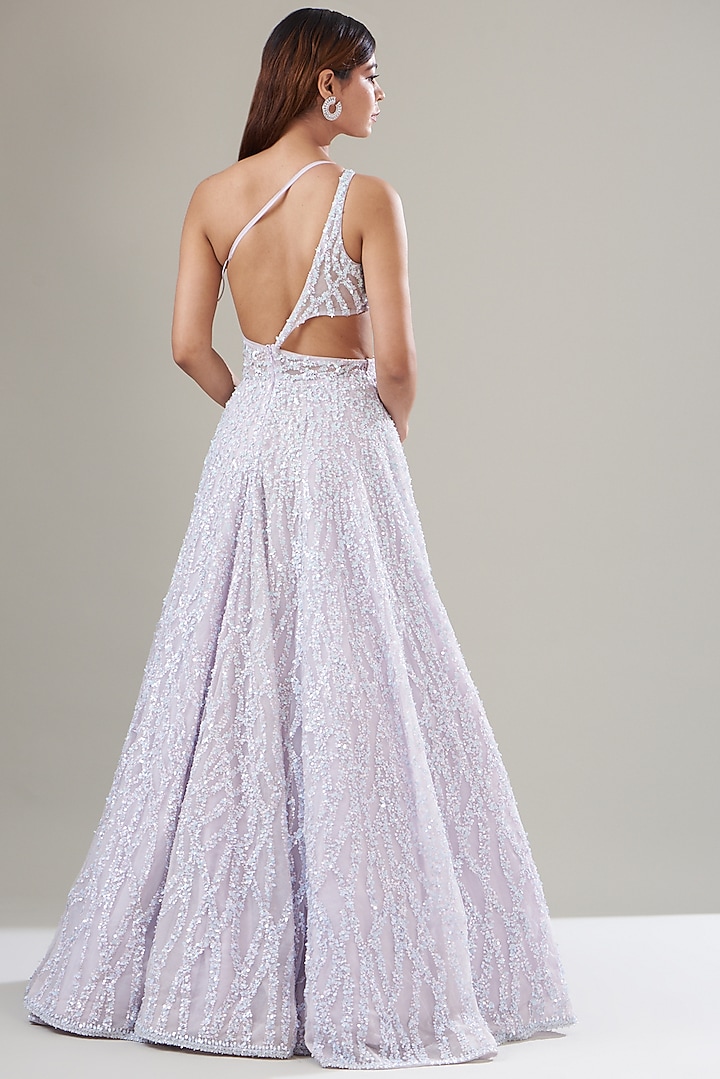 Lilac Net Sequins Embroidered Bridal Gown by Seema Gujral at Pernia's Pop Up Shop