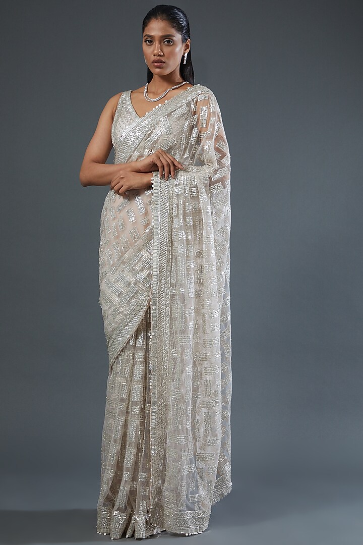 Silver Embroidered Saree Set by Seema Gujral