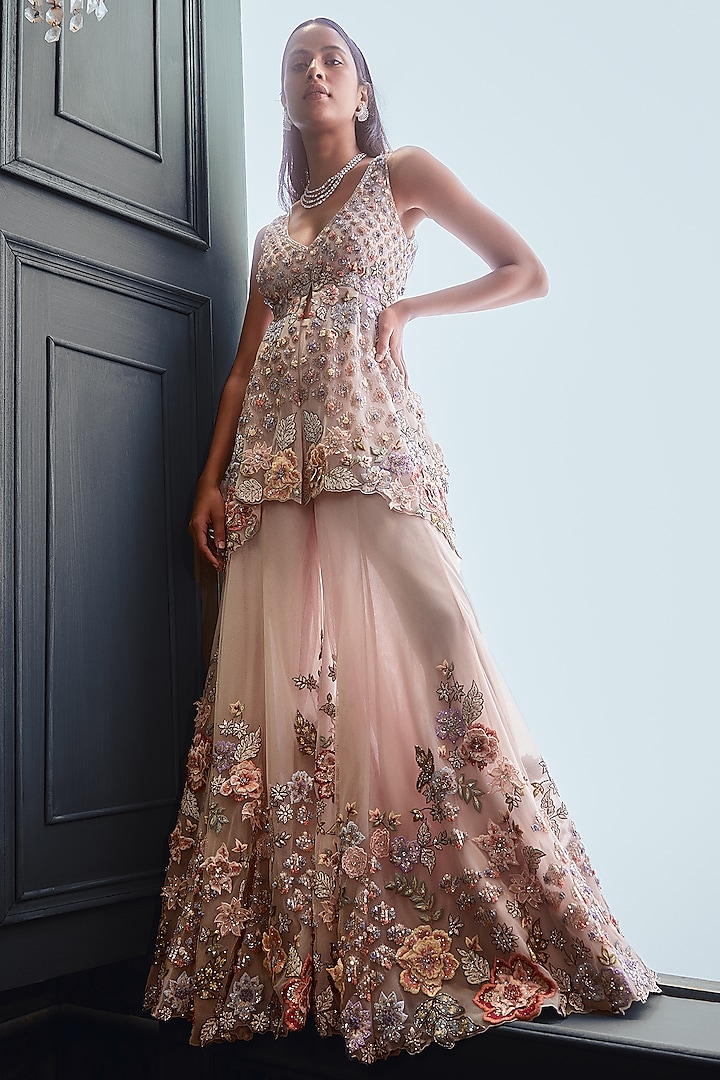 Champagne Embroidered Sharara Set by Seema Gujral