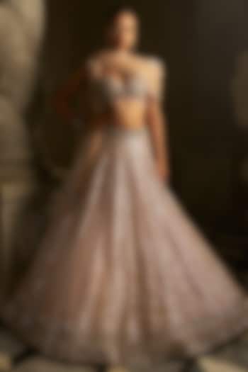 Powder Peach Net Sequins Embroidered Bridal Lehenga Set by Seema Gujral at Pernia's Pop Up Shop