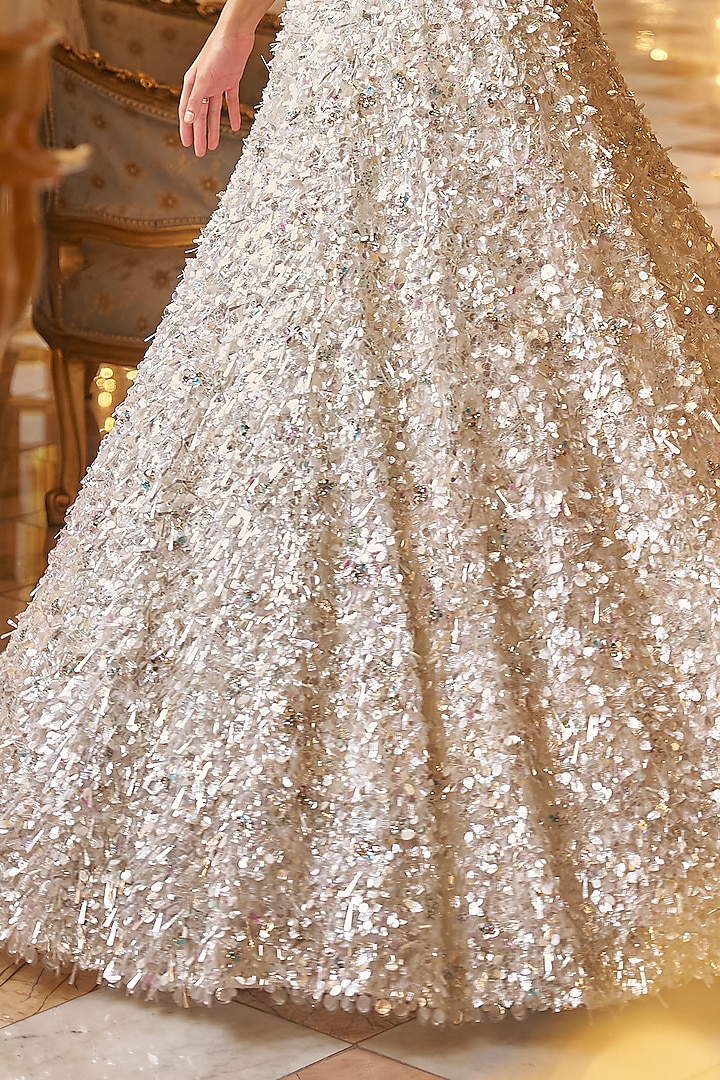 White Net Sequins Embroidered Bridal Lehenga Set by Seema Gujral at Pernia's Pop Up Shop