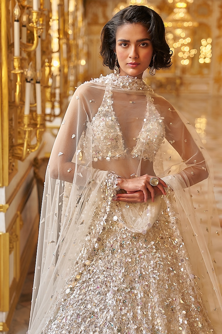 White Net Sequins Embroidered Bridal Lehenga Set by Seema Gujral at Pernia's Pop Up Shop