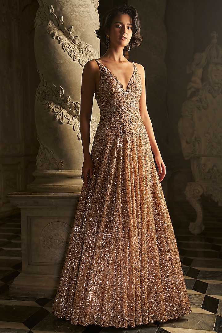 Nude Net Sequins Embroidered Bridal Gown 
 by Seema Gujral at Pernia's Pop Up Shop